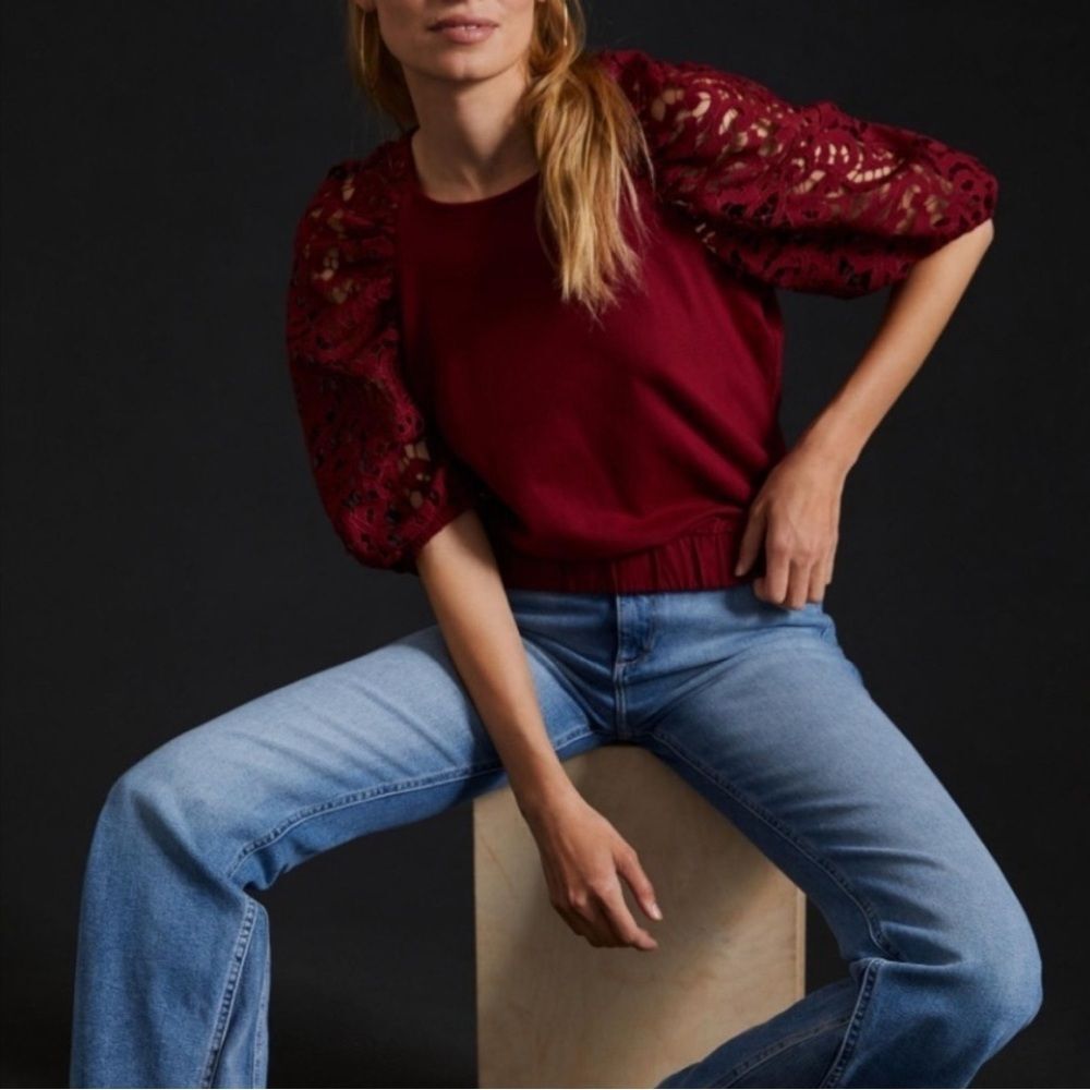 Anthropologie Dolan Maroon Burgundy Lace Bubble Sleeve Top Boho Peasant Size XS